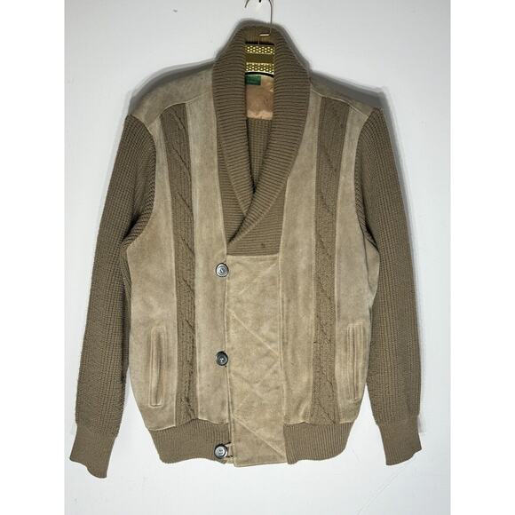 Canda Vintage Men's Cowhide Suede Leather Knit Jacket Brown Size Large C&a Rare - Picture 1 of 8